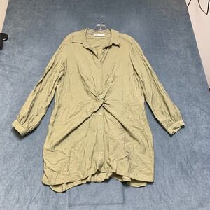 Zara Mini Shirt Dress Womens M Green Long Sleeve Twist Front Pearl Snaps Button